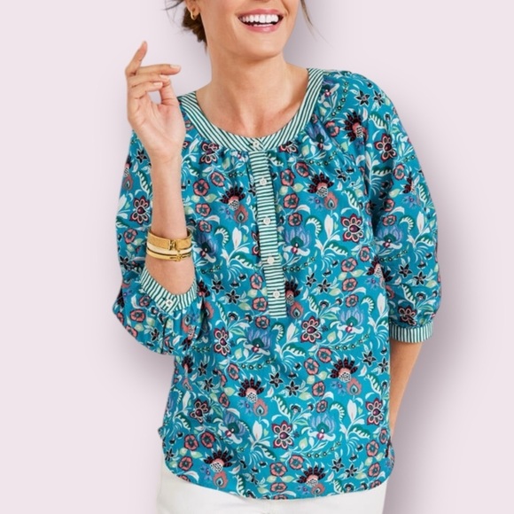Talbots Tops - Talbots Jacobean Floral Popover Blouse - Blue Band Collar Half Sleeve, Size SP